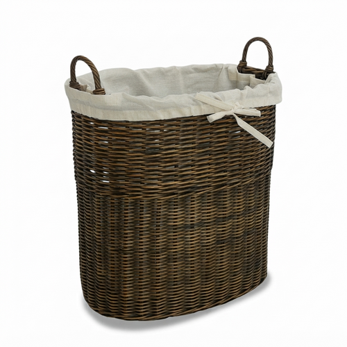 Tall Oval Wicker Tote Basket With Fabric Liner