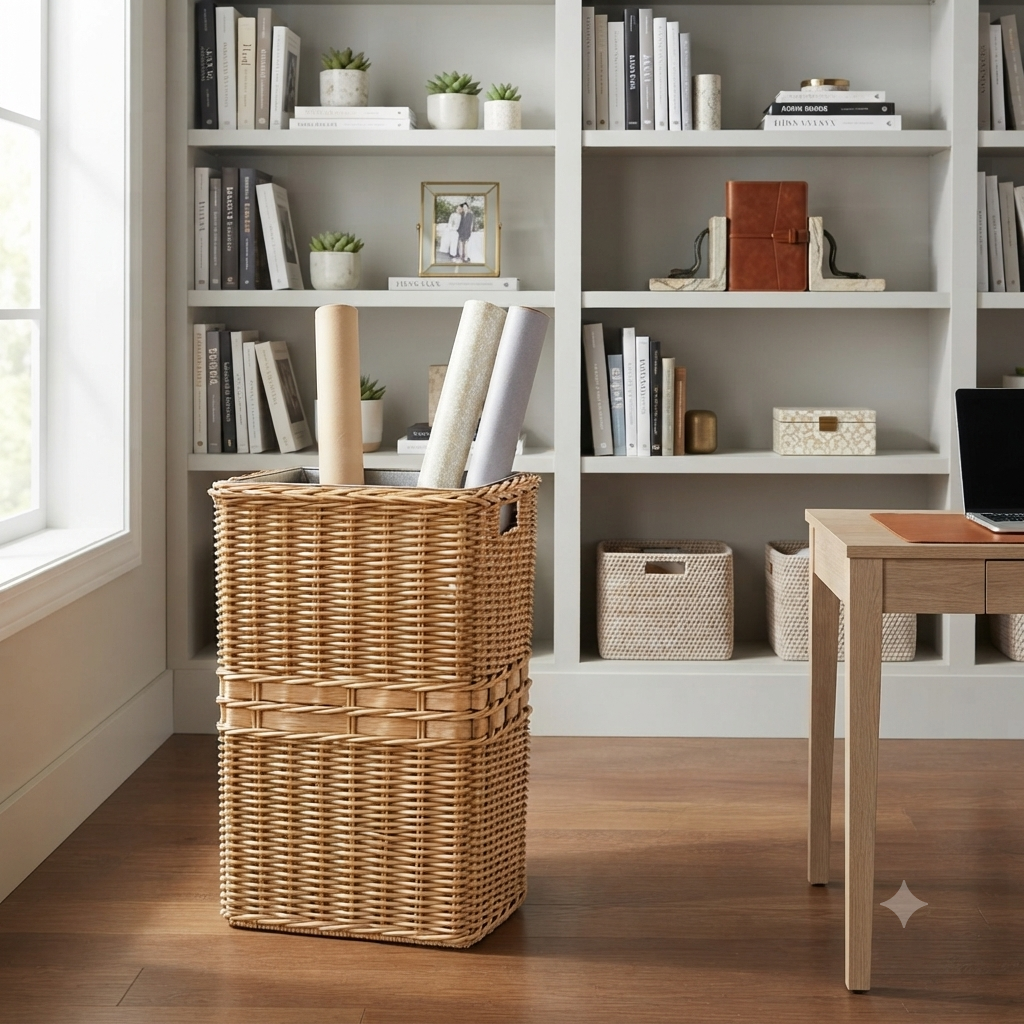 Large Wicker Waste Basket with Metal Liner