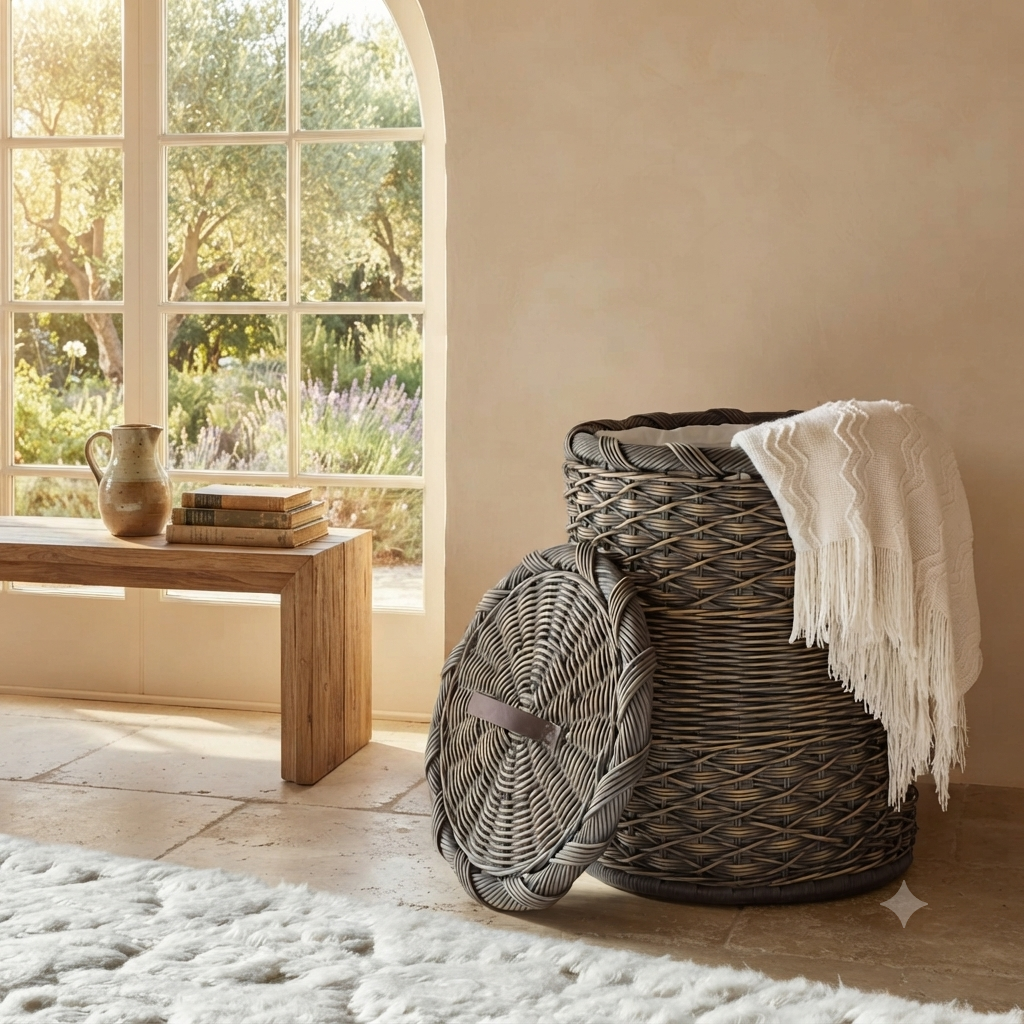 Round Wicker Laundry Hamper With Fabric Liner